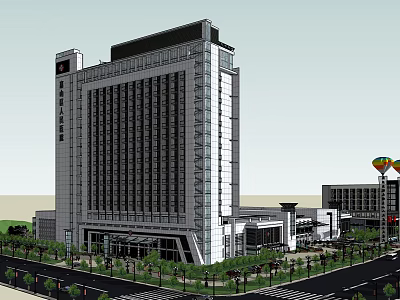 Modern High Rise Building Exterior With Glass Curtain Wall And Landscaped Surroundings 3d model