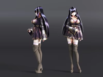 Game And Movie Character With Long Black Hair Purple Outfit And Knee High Boots 3d model