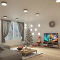 Christmas Tree With Decorations Wreath Santa Claus Figure And Gift Boxes