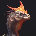 Mythical Serpent Creature With Skeleton Head Flaming Red Crest Brown Scaly Body Dark Background