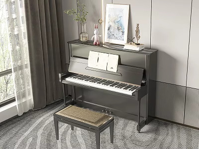 Stylish Piano With Art Supplies And Decorative Items In Modern Room 3d model