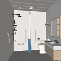 Functional Bathroom Interior Featuring Shower Curtain Grab Bars Vanity and Toilet