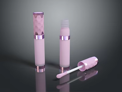Three Pink Lip Gloss Tubes With Purple Rings And Applicator Brush 3d model