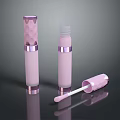 Three Pink Lip Gloss Tubes With Purple Rings And Applicator Brush