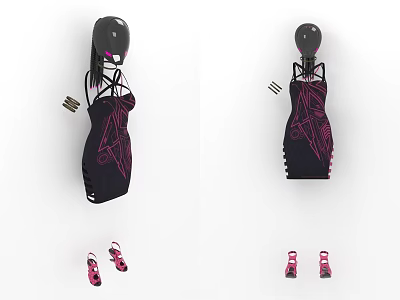 Stylish Black Dress With Pink Line Design And Matching Sandals And Bracelets 3d model