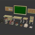 Classroom Scene Components With Green Blackboard Bulletin Board Desks Chairs Books And Cabinet