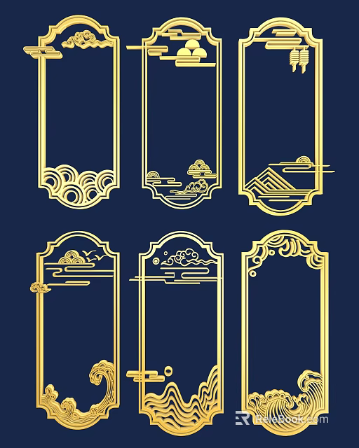 Golden Chinese Style Carvings Frames With Cloud And Landscape Patterns On Dark Blue Background 3d model 