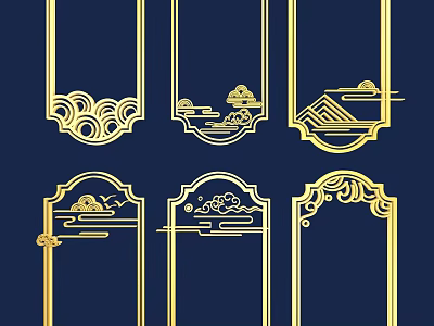Golden Chinese Style Carvings Frames With Cloud And Landscape Patterns On Dark Blue Background 3d model