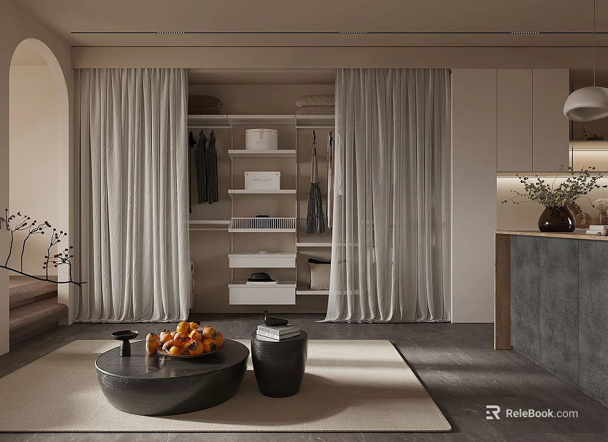 Modern Walk-in Closet Interior With Sheer Curtains Open Shelves And Neutral Tones 3d model 