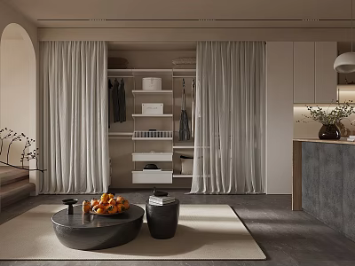 Modern Walk-in Closet Interior With Sheer Curtains Open Shelves And Neutral Tones 3d model