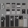 Different Water Dispensers And Coffee Machines On Wall And Floor Display With Various Styles