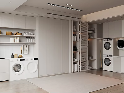 Modern Laundry Room Interior With Washing Machines Cabinets And Shelves 3d model