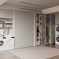 Modern Laundry Room Interior With Washing Machines Cabinets And Shelves