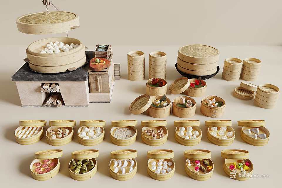 Traditional Chinese Dim Sum Display with Bamboo Steamers and Assorted Snacks in Bamboo Containers 3d model 