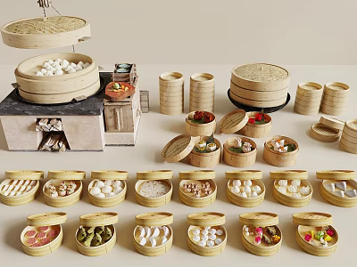 Traditional Chinese Dim Sum Display with Bamboo Steamers and Assorted Snacks in Bamboo Containers 3d model