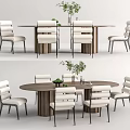 Modern Dining Table and Chair Combination Long Table Dining Table and Chair Combination Vase Ornaments 3d model