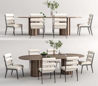 Modern Dining Table and Chair Combination Long Table Dining Table and Chair Combination Vase Ornaments 3d model