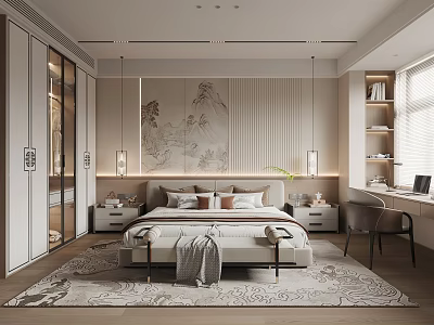 Modern Bedroom Interior With Landscape Wall Art Glass Closet Bed Nightstands And Wooden Desk 3d model