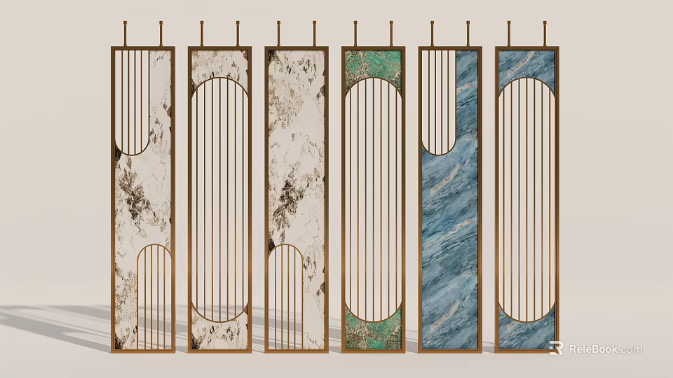 Elegant Modern Room Dividers With Marble Texture And Vertical Slat Frames 3d model 