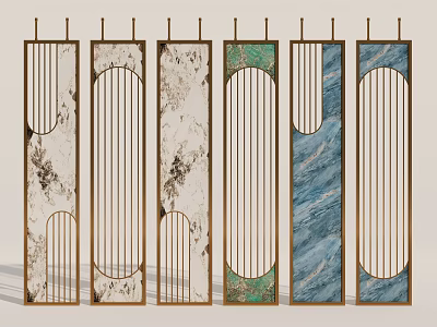 Elegant Modern Room Dividers With Marble Texture And Vertical Slat Frames 3d model