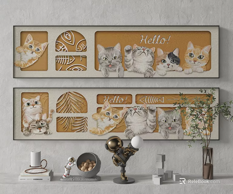 Adorable Cat Paintings With Multiple Kittens Hello Text And Decorative Patterns For Wall Art 3d model