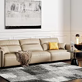 Modern Living Room Interior Design With Beige Leather Sofa Yellow Cushion And Abstract Painting