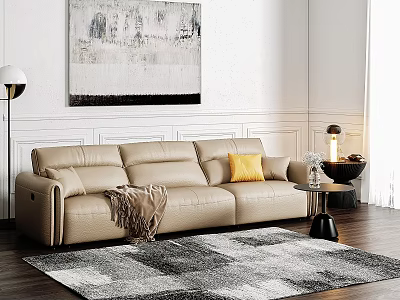 Modern Living Room Interior Design With Beige Leather Sofa Yellow Cushion And Abstract Painting 3d model