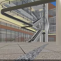 Modern Urban Commercial Complex with Tall Buildings Plaza Pedestrians and Vehicles