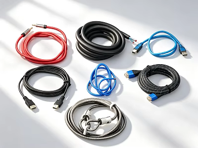 Industrial Equipment Cables With Colorful USB HDMI Connectors Coiled On White Background 3d model