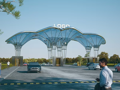 Modern Entrance Gate With Umbrella Shaped Arched Canopy Logo Top And Vehicles Passing Through 3d model