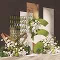 Elegant Wedding Floral Arrangement With Fan Decor And Logo Display Backdrop