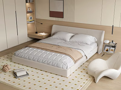 Modern Minimalist Interior White Double Bed With Wooden Headboard Nightstand Table Lamp And Accent Chair 3d model