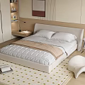 Modern Minimalist Interior White Double Bed With Wooden Headboard Nightstand Table Lamp And Accent Chair