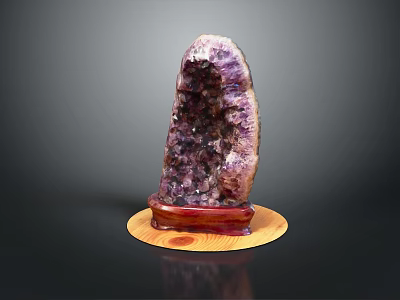 Natural Amethyst Cluster With Purple Crystals On Wooden Display Base 3d model