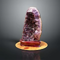 Natural Amethyst Cluster With Purple Crystals On Wooden Display Base