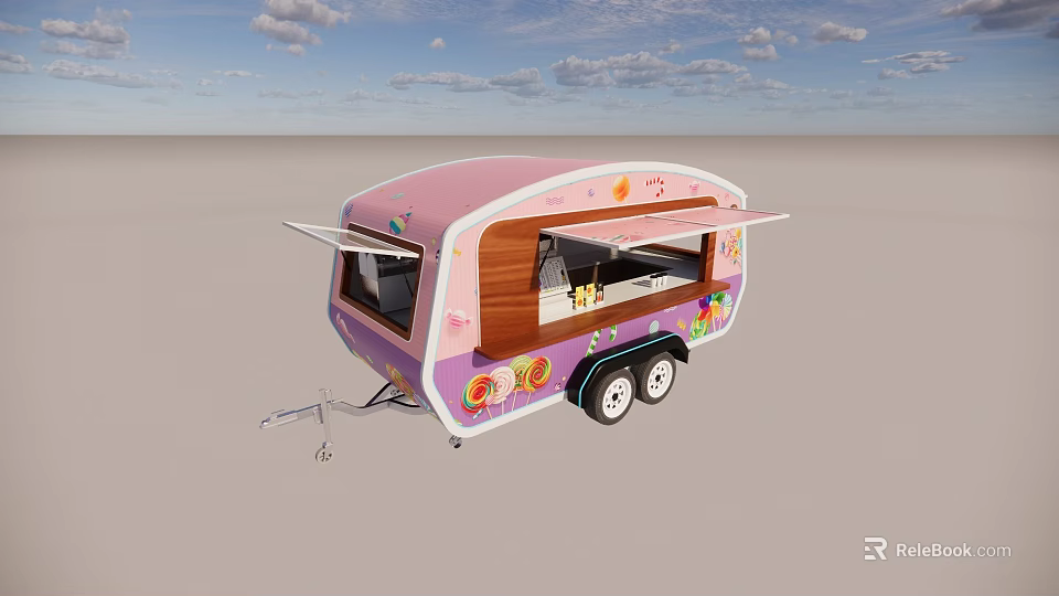 Colorful Commercial Food Trailer With Pink Purple Exterior Wooden Serving Window And Decorative Decals 3d model 