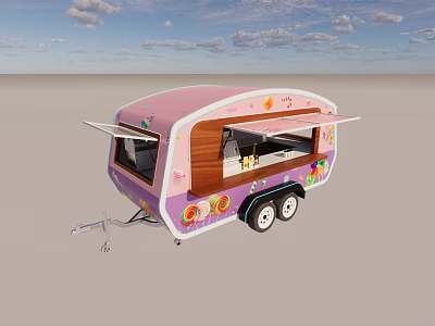 Colorful Commercial Food Trailer With Pink Purple Exterior Wooden Serving Window And Decorative Decals 3d model