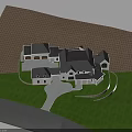Residential Building Model With White Exterior Dark Roof Green Lawn And Winding Driveway