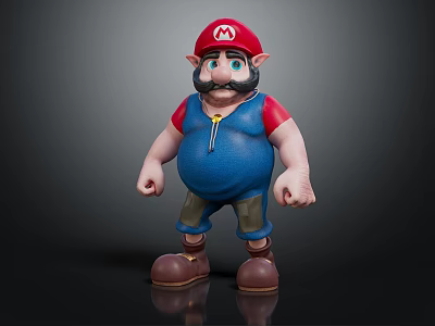 3D Cartoon Character Model With Red Hat Brown Mustache Blue Overalls And Shoes 3d model