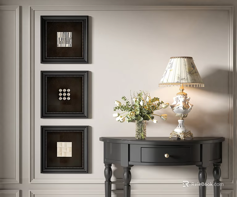 Black Framed Abstract Paintings On Wall With Dark Console Table Table Lamp And Vase Flowers 3d model 