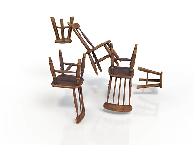 Fallen Wooden Chairs With Damaged Structure And Broken Parts On White Background 3d model