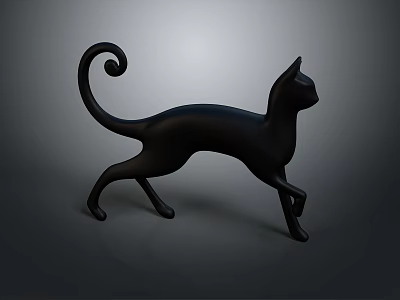 Black Cat Sculpture With Curled Tail Walking Pose On Dark Background 3d model
