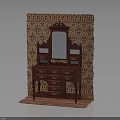 Vintage Red Wooden Dresser With Mirror Multiple Drawers And Patterned Wallpaper Background
