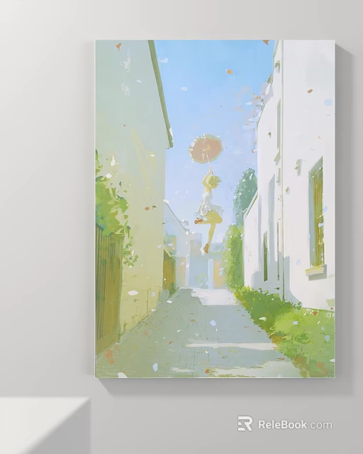 Watercolor Landscape Painting of Sunlit Alleyway With White Buildings Greenery and Umbrella 3d model 