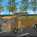 Yellow Crane Utility Truck Driving On Road With Green Trees And Guardrails