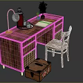 Wooden Writing Desk With Chair Red Kettle Lamp Plant Notebook And Storage Box