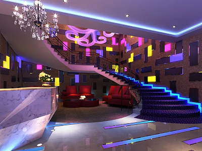Hotel Lobby With Chandelier Red Sofas Colorful Wall Decor And Blue Lighting 3d model