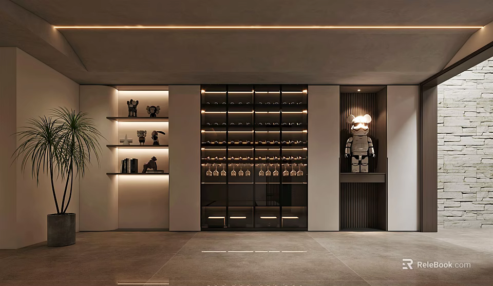 Modern Wine Cabinet With Glass Doors Wine Bottles And Decorative Shelves 3d model 