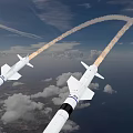 Modern Aerial Missiles with White Blue Black Striped Body Flying in Sky with Tail Flames