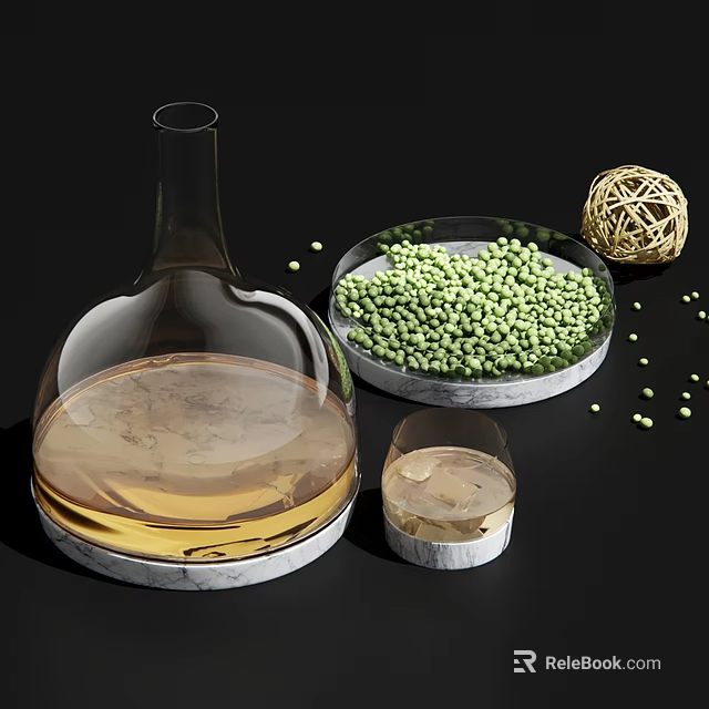 Fresh Green Peas on Marble Plate with Amber Liquid Bottle Small Glass and Woven Ball 3d model 
